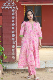 Floral handblock printed cotton co-ord set for women with a V-neck kurta and matching straight-fit pants