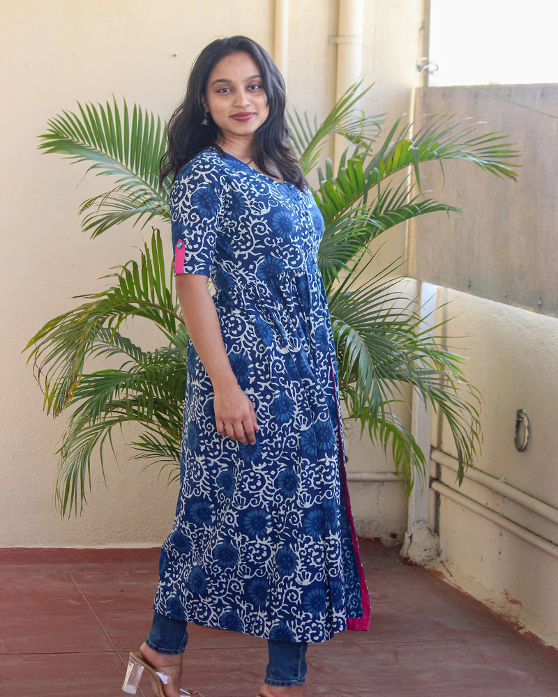 Indigo Hand Block Front Slit Kurta