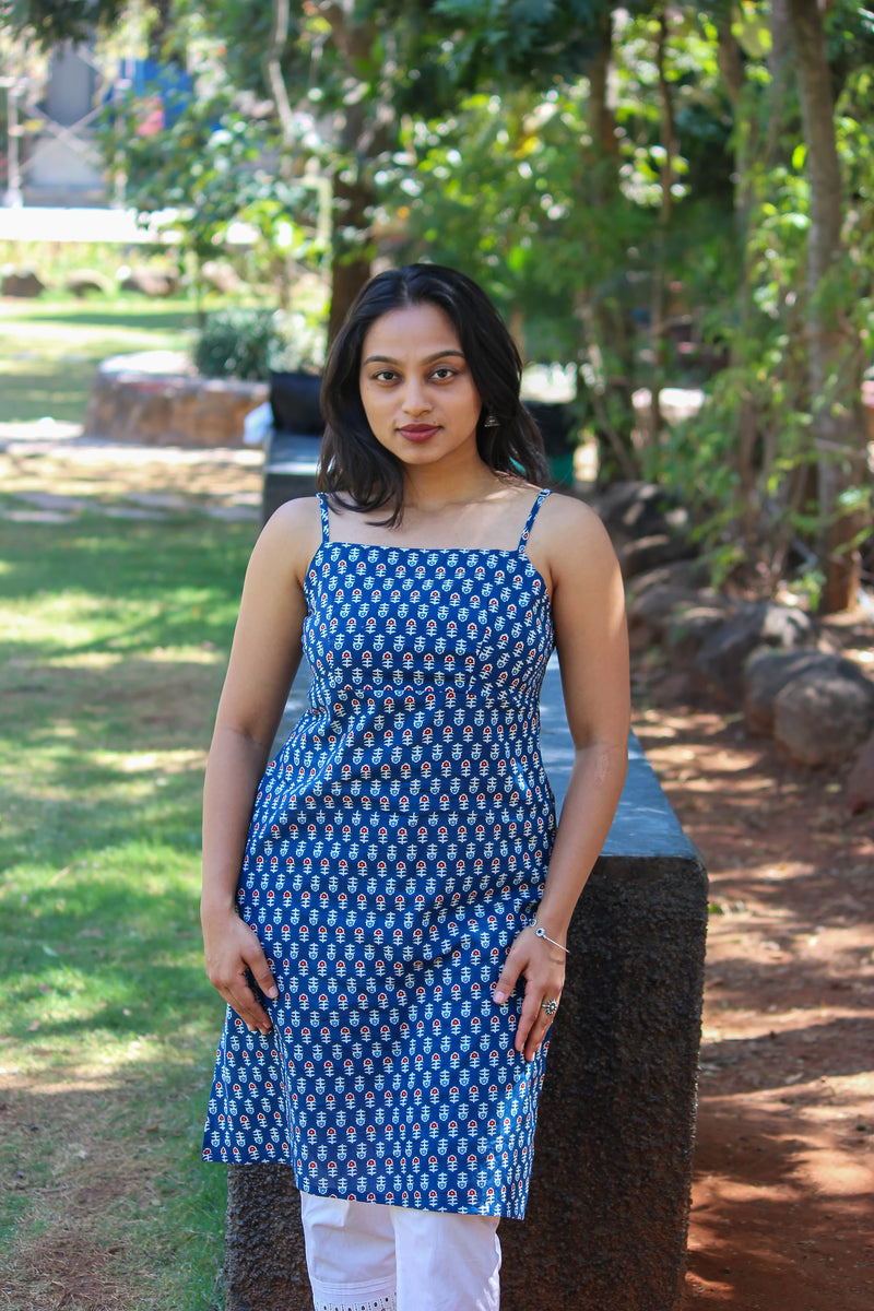 neeli floral spaghetti strap kurti front view