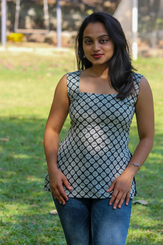 Chitrakari sleeveless printed black corset kurti - Bimba Studio 