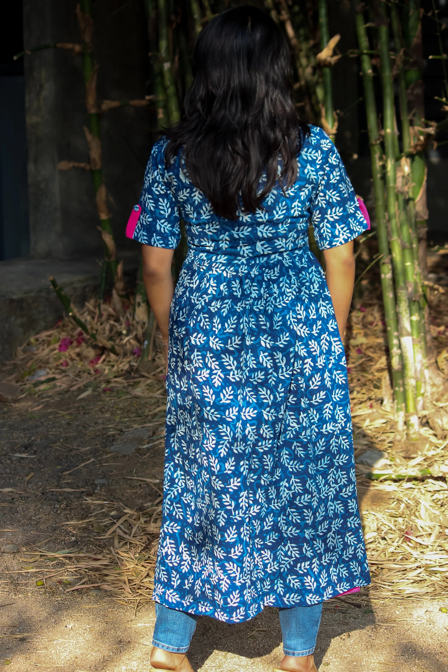 Indigo Hand Block Front Slit Leafy Kurti - Bimba Studio 