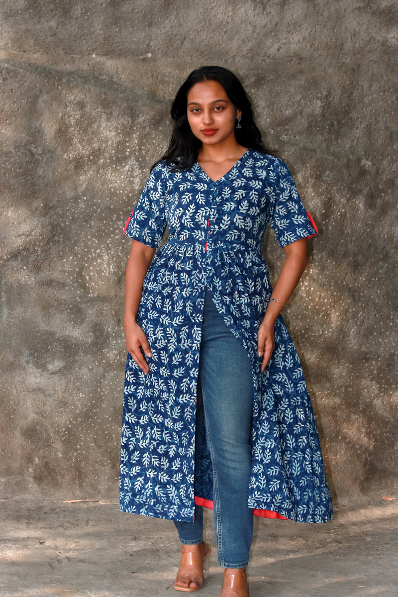 indigo hand block print front slit kurti front