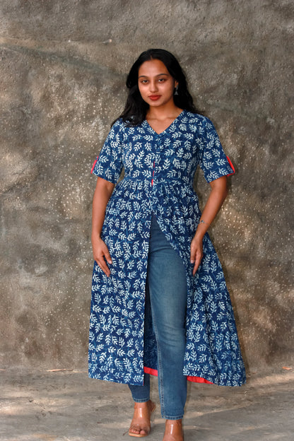 Indigo Hand Block Front Slit Leafy Kurti - Bimba Studio 