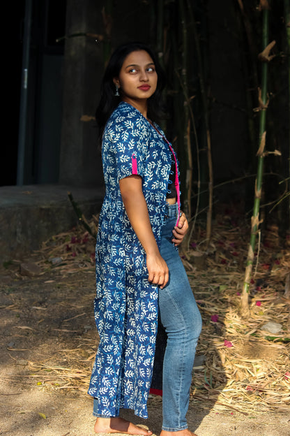 Indigo Hand Block Front Slit Leafy Kurti - Bimba Studio 