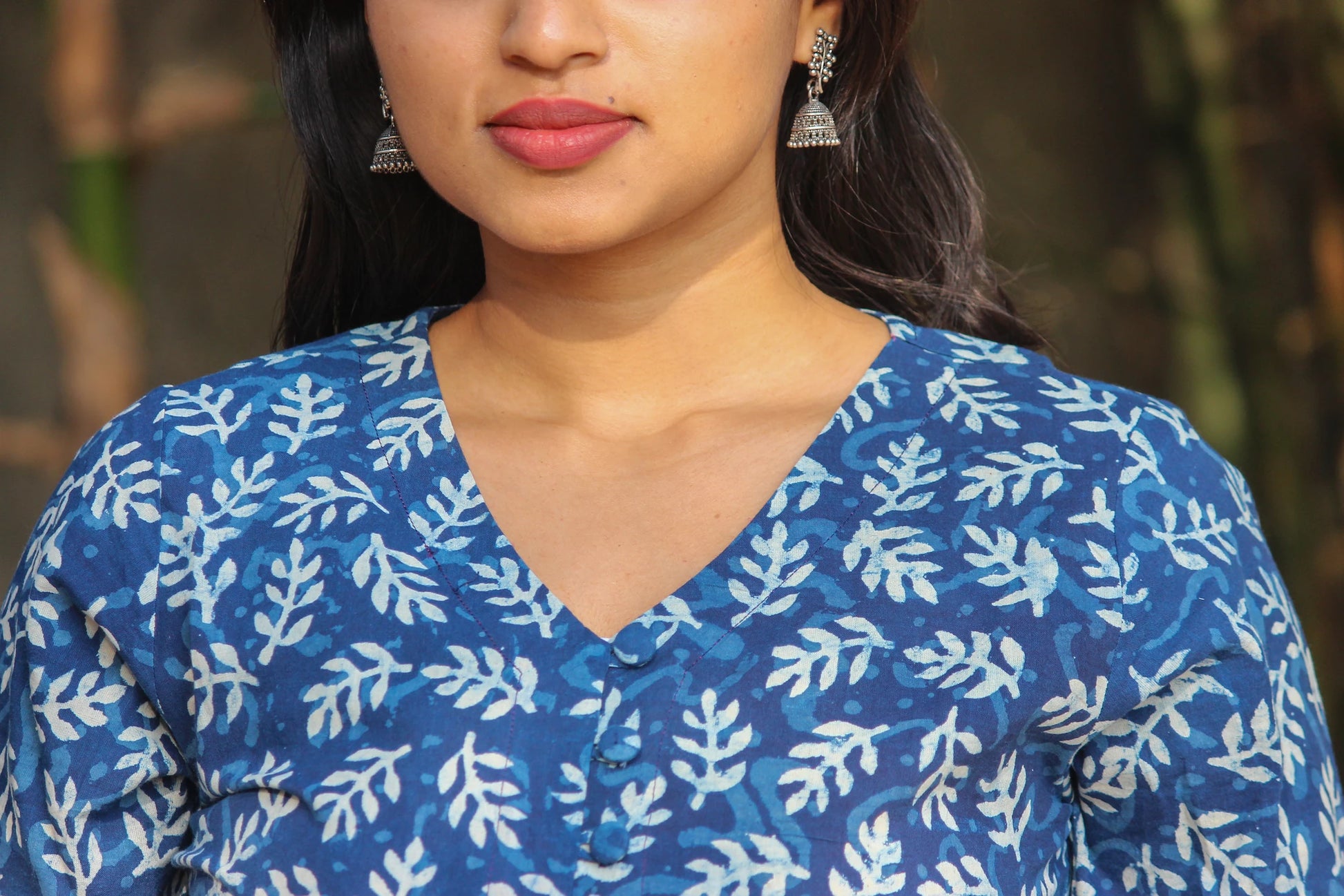 Indigo Hand Block Front Slit Leafy Kurti - Bimba Studio 