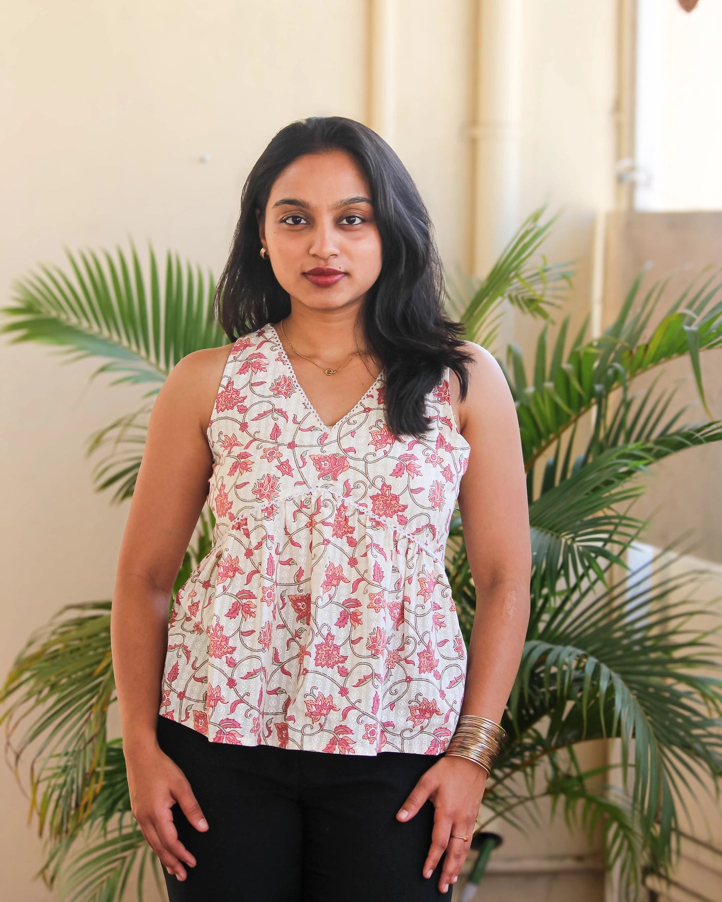 Gulmohar V-Neck Peplum Pink Top - Bimba Studio 