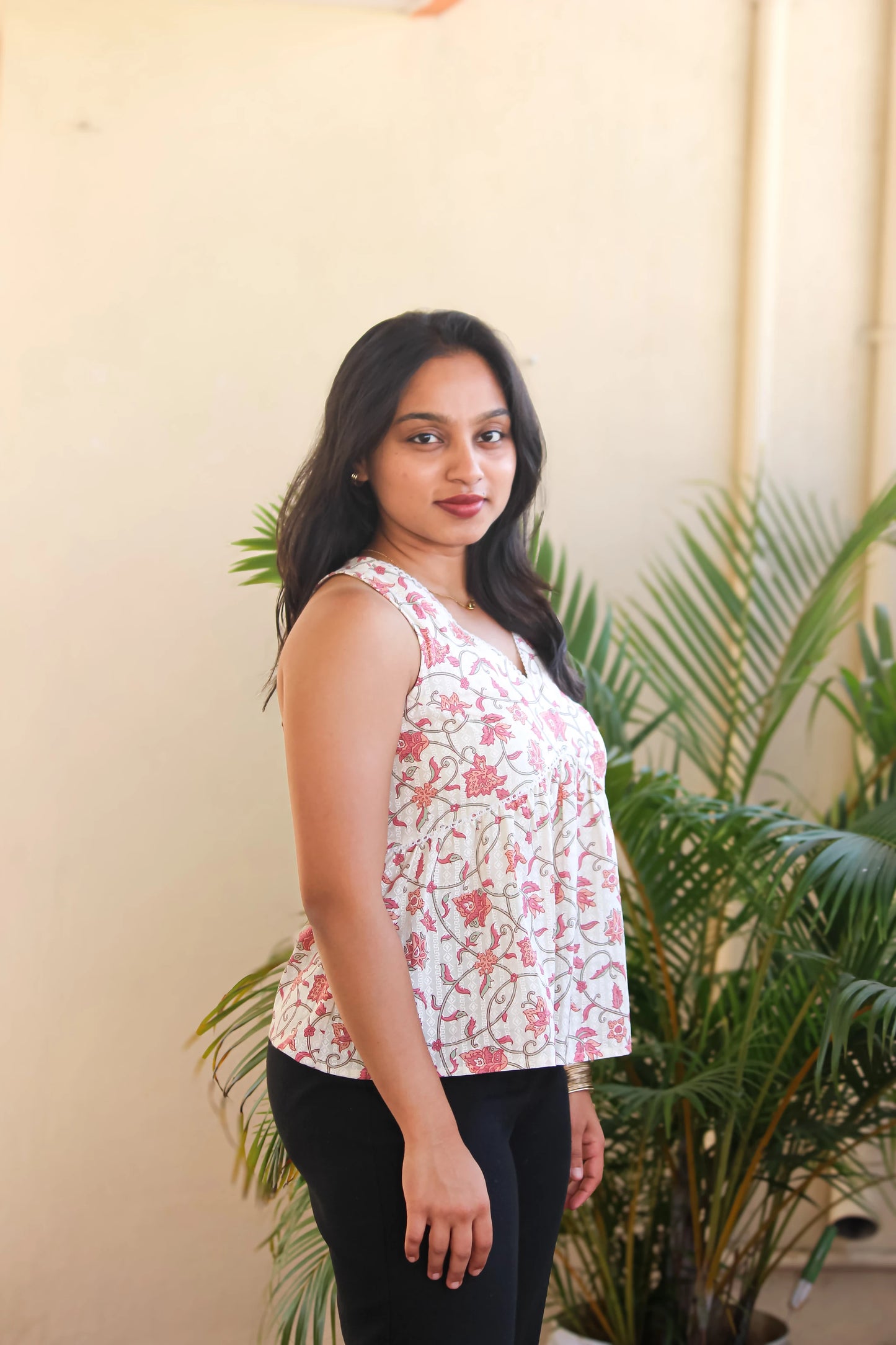 Gulmohar V-Neck Peplum Pink Top - Bimba Studio 