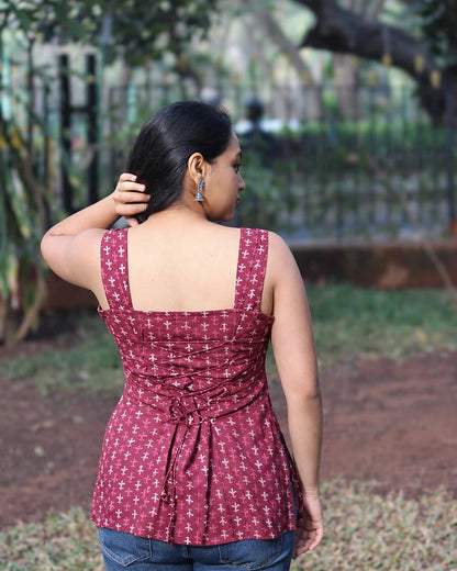 Ira wine red printed corset kurti - Bimba Studio 