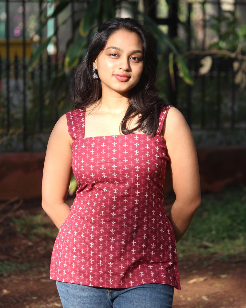 ira wine red corset kurti front view