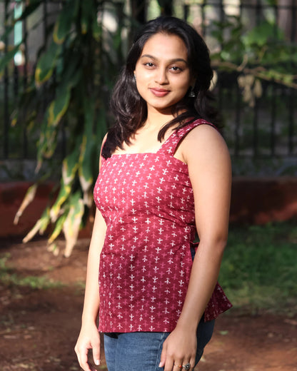 Ira wine red printed corset kurti - Bimba Studio 