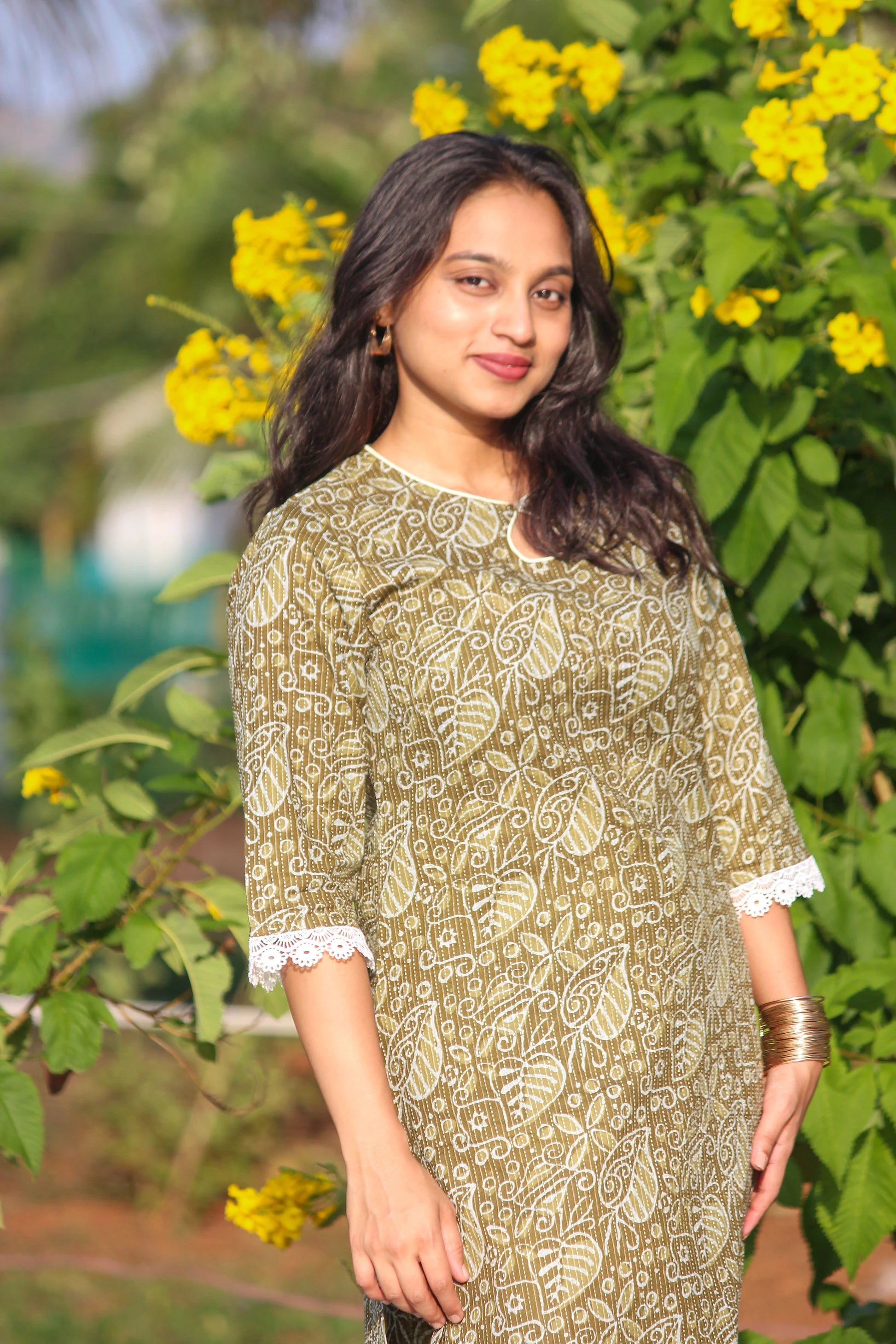 Women’s Forest Muse cotton straight kurta with botanical handblock print and lace-detailed sleeves