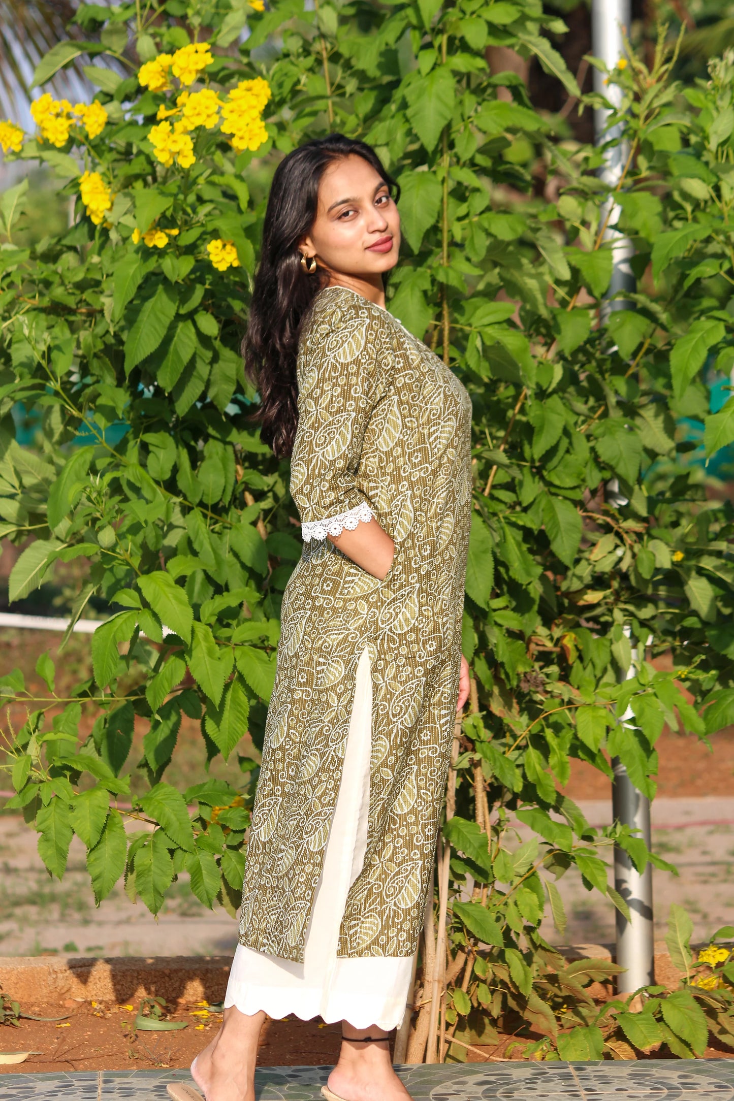 Bimba Studio Forest Muse breathable cotton straight kurta featuring a botanical print and functional side pocket