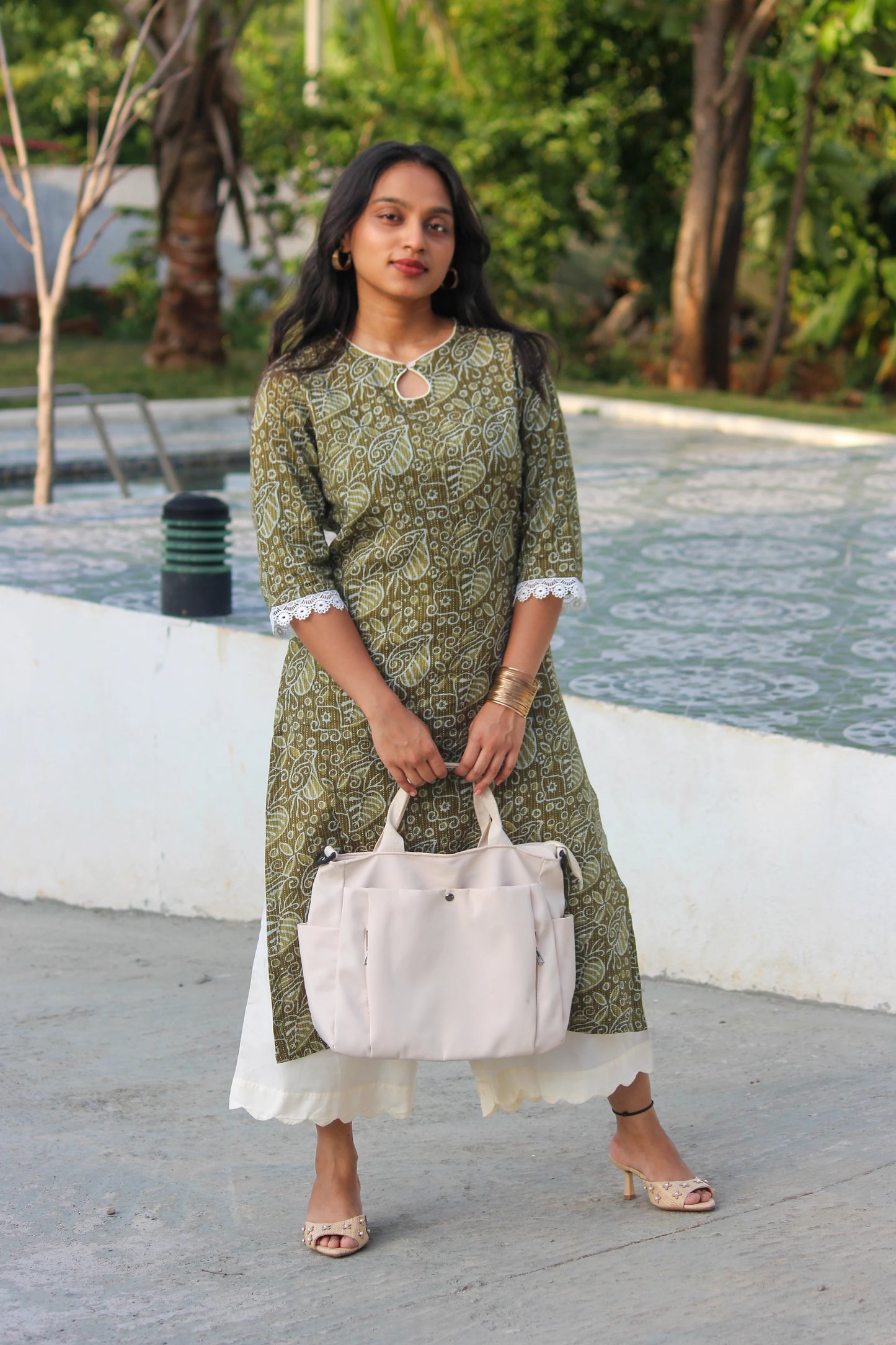 Bimba Studio Forest Muse breathable cotton straight kurta featuring a botanical print and functional side pocket
