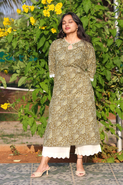 Bimba Studio Forest Muse breathable cotton straight kurta featuring a botanical print and functional side pocket