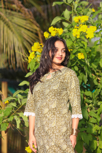 Bimba Studio Forest Muse breathable cotton straight kurta featuring a botanical print and functional side pocket