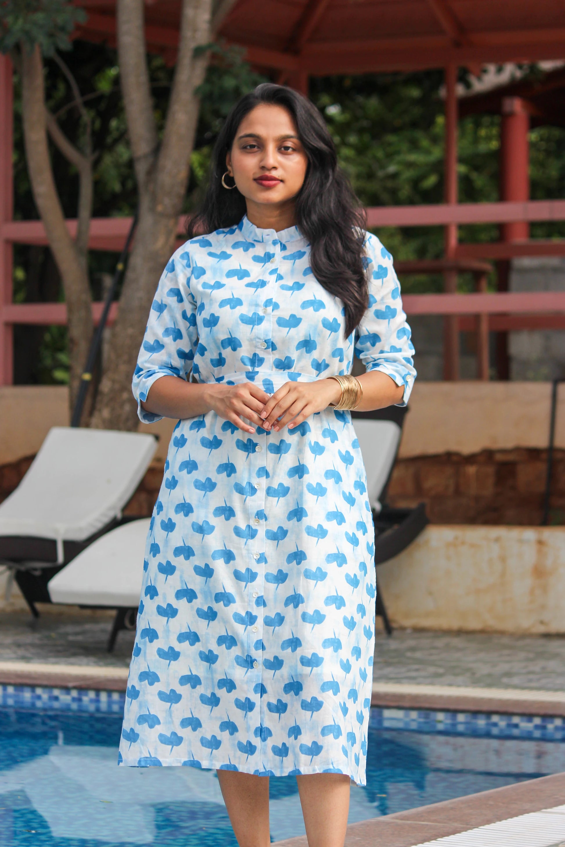 Juhu handblock printed cotton shirt dress for women by Bimba Studio featuring Mandarin collar, and matching slip