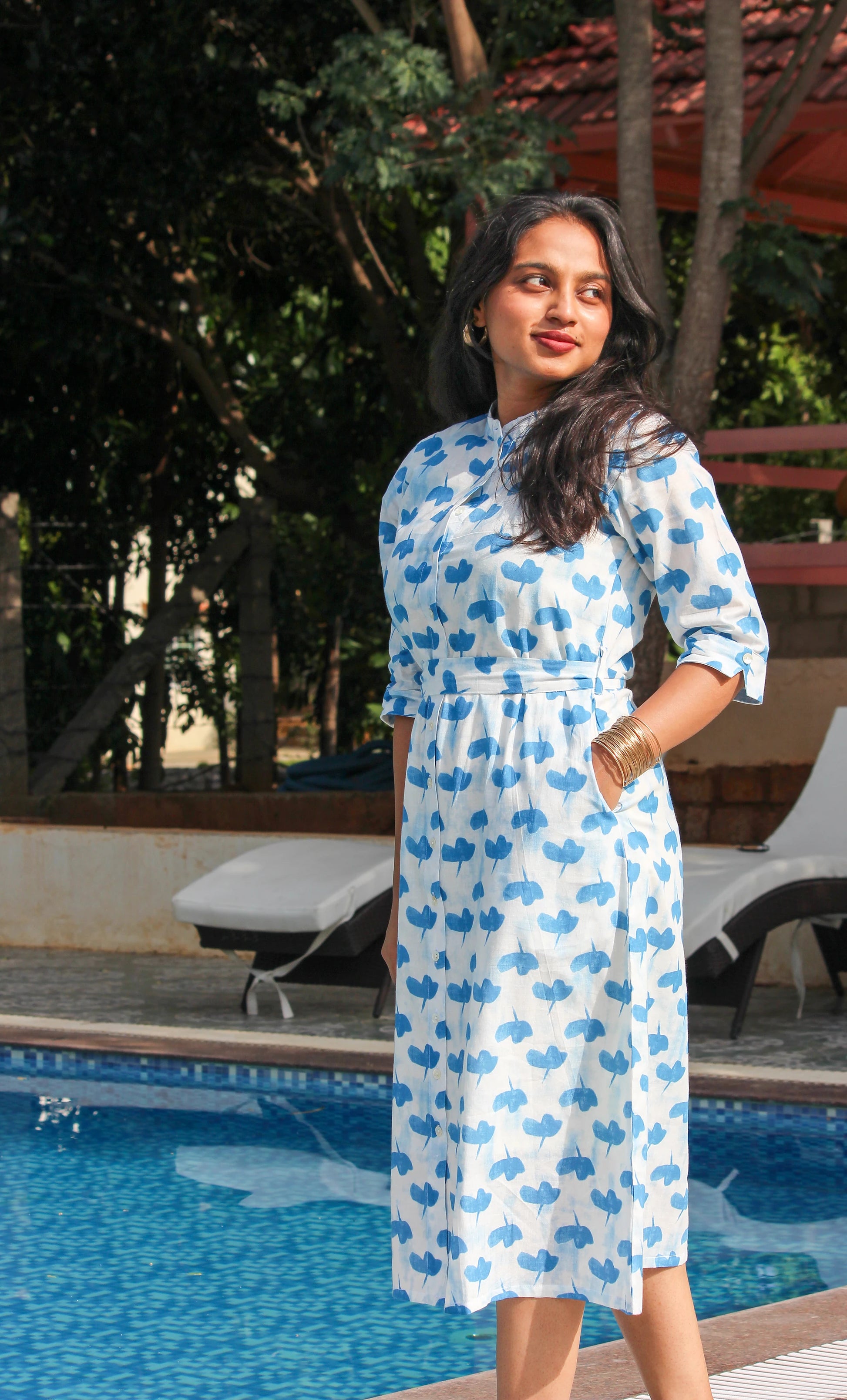 Juhu handblock printed cotton shirt dress for women by Bimba Studio featuring handblock print, Mandarin collar, waist tie, and matching slip.