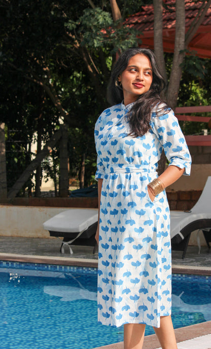 Juhu handblock printed cotton shirt dress for women by Bimba Studio featuring handblock print, Mandarin collar, waist tie, and matching slip.