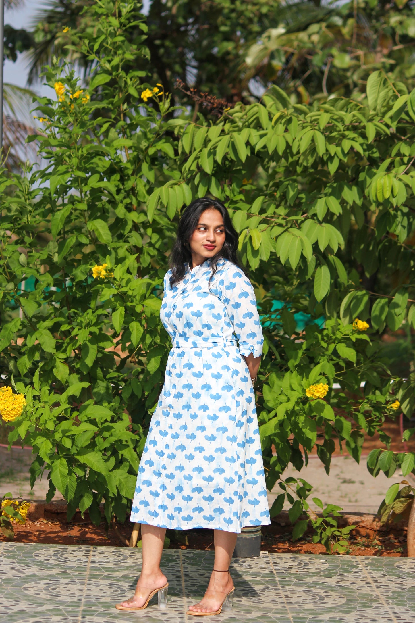 Cotton shirt dress for women with handblock print, matching slip, and adjustable waist tie