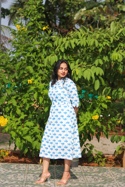 Cotton shirt dress for women with handblock print, matching slip, and adjustable waist tie