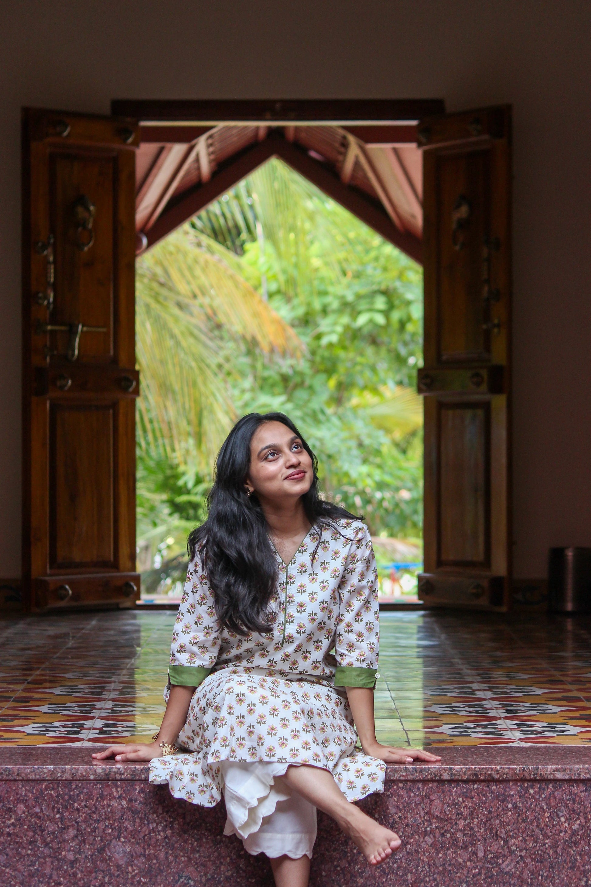 Floral handblock printed cotton straight kurta for everyday wear by Bimba Studio