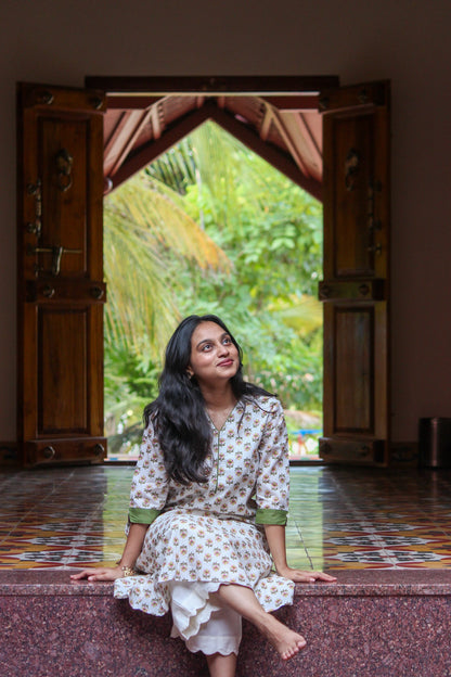 Floral handblock printed cotton straight kurta for everyday wear by Bimba Studio