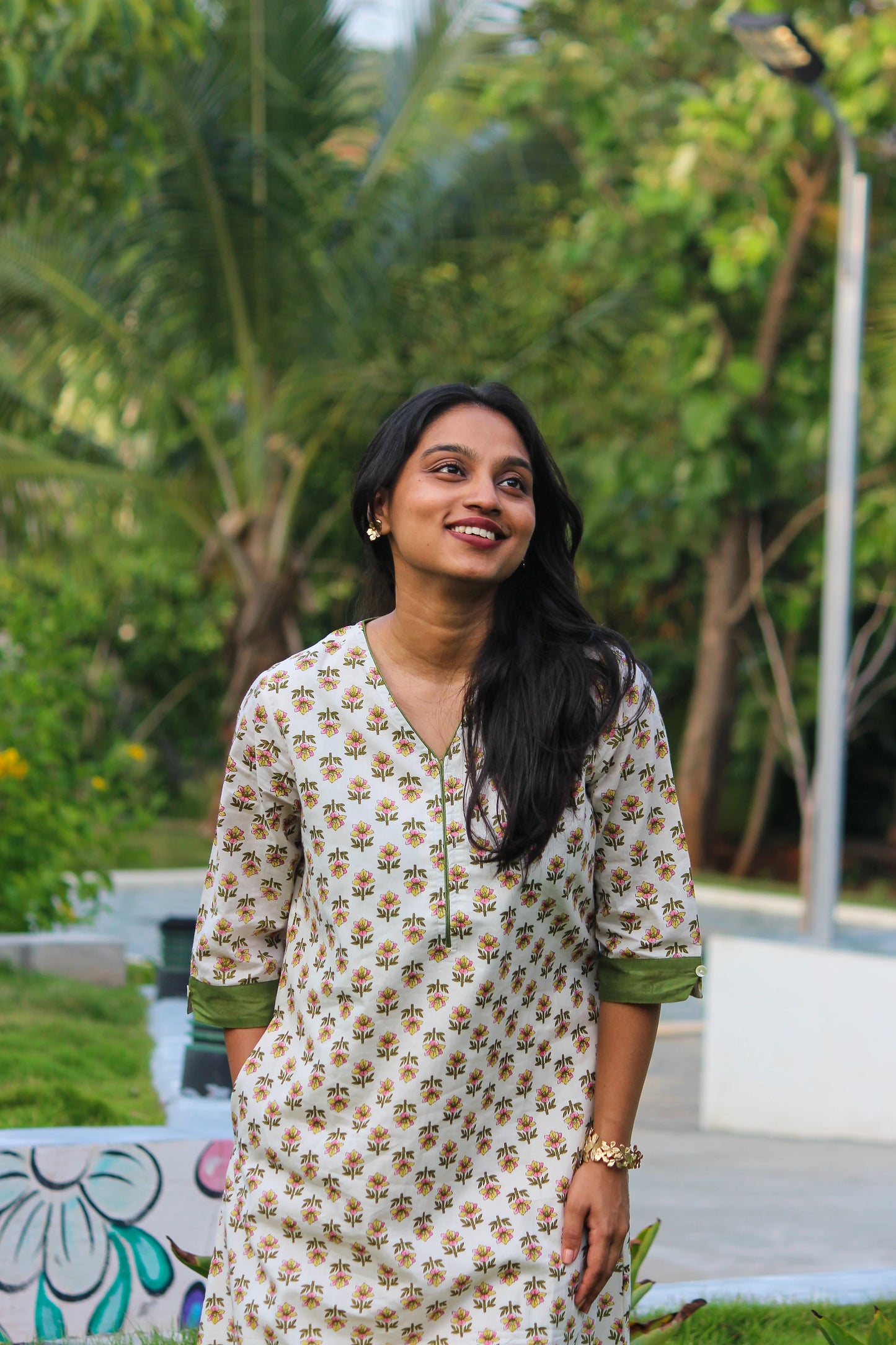Kusum floral handblock printed cotton straight kurta for women in breathable cotton.