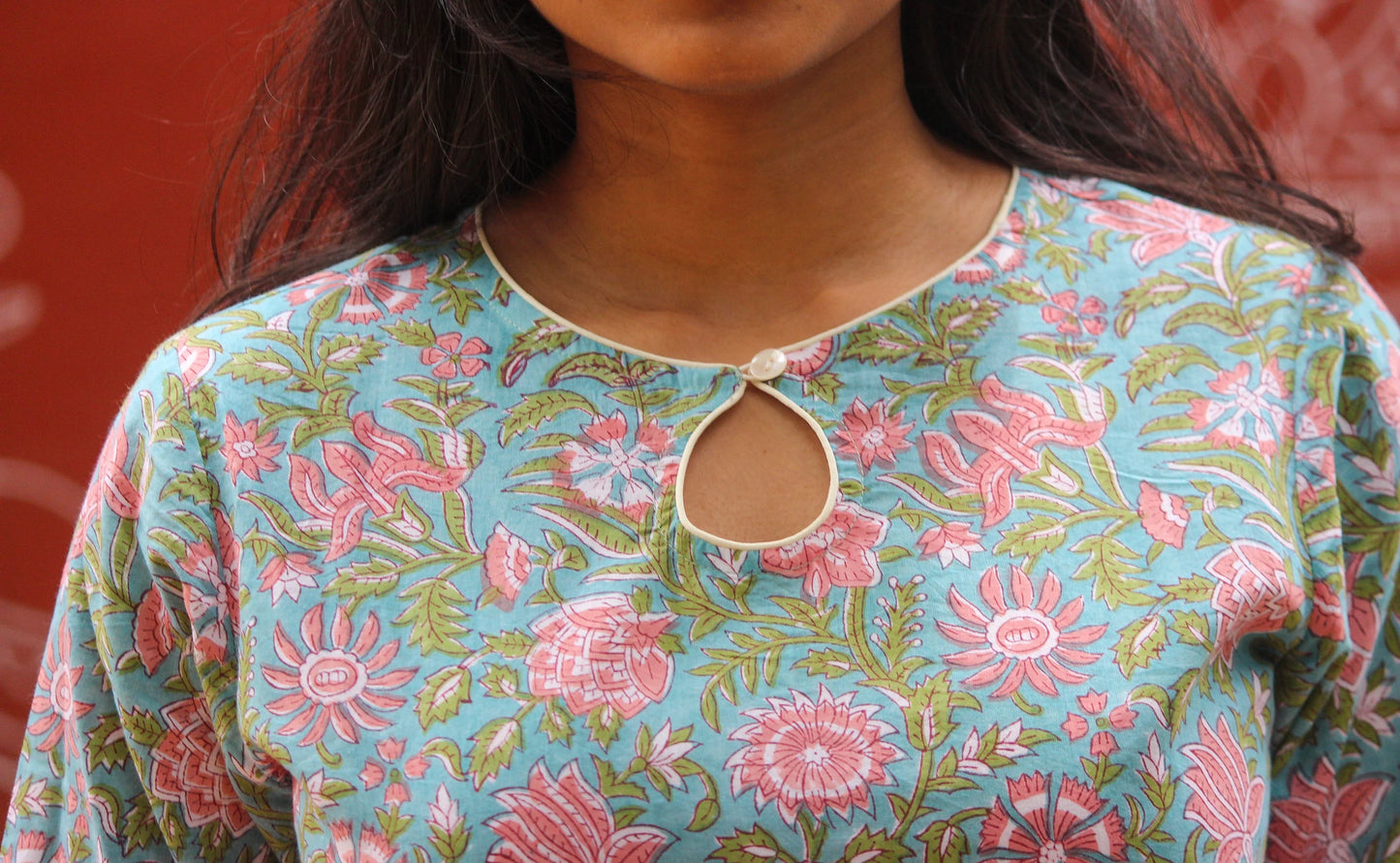 Close-up of the Lilly handblock printed cotton co-ord set showcasing the floral print and premium cotton fabric