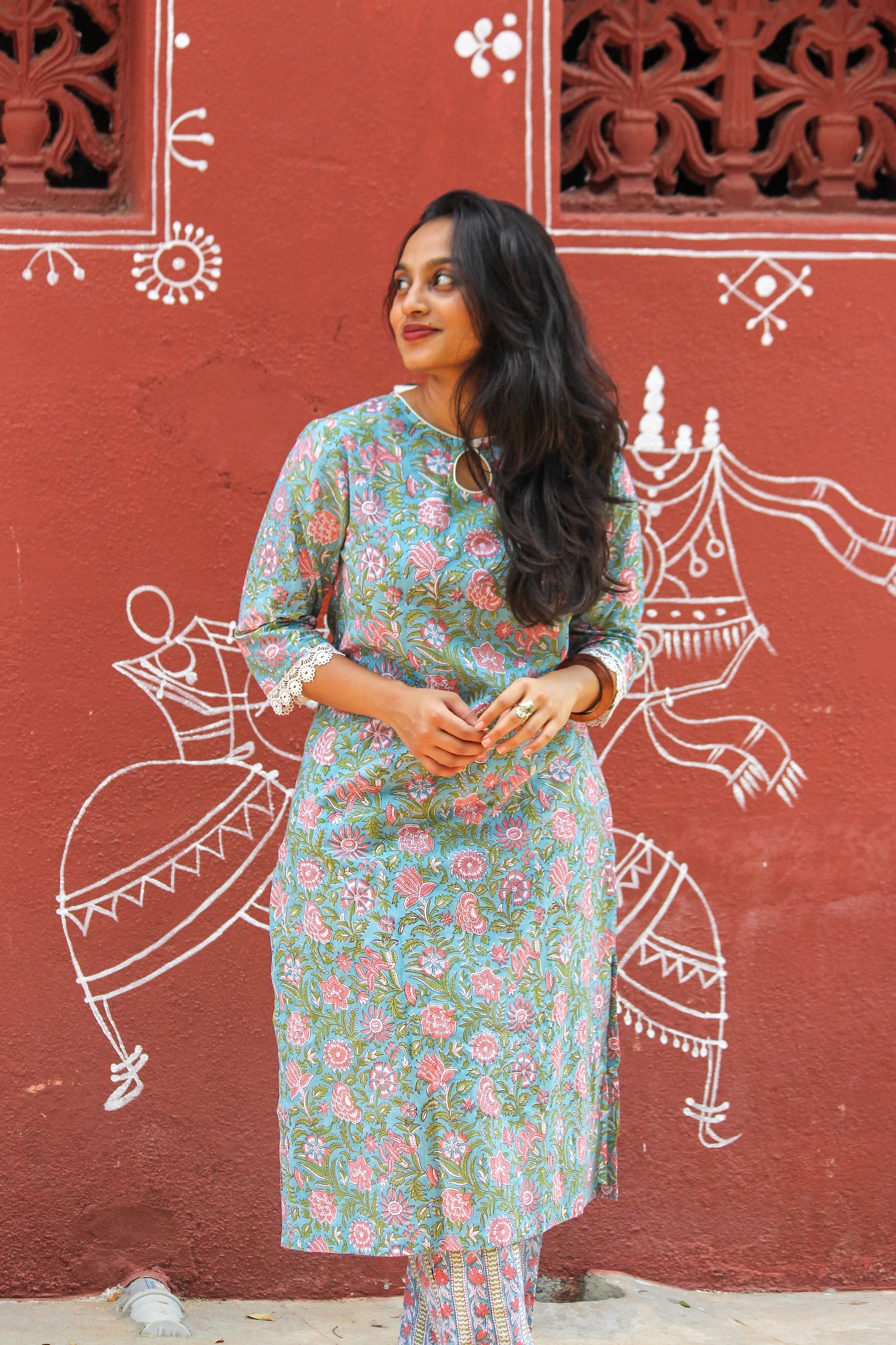 Lilly floral handblock printed cotton co-ord set with matching straight pants.