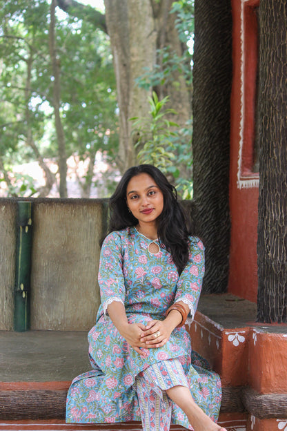 Lilly handblock printed cotton co-ord set for women by Bimba Studio featuring a floral print and matching pants.