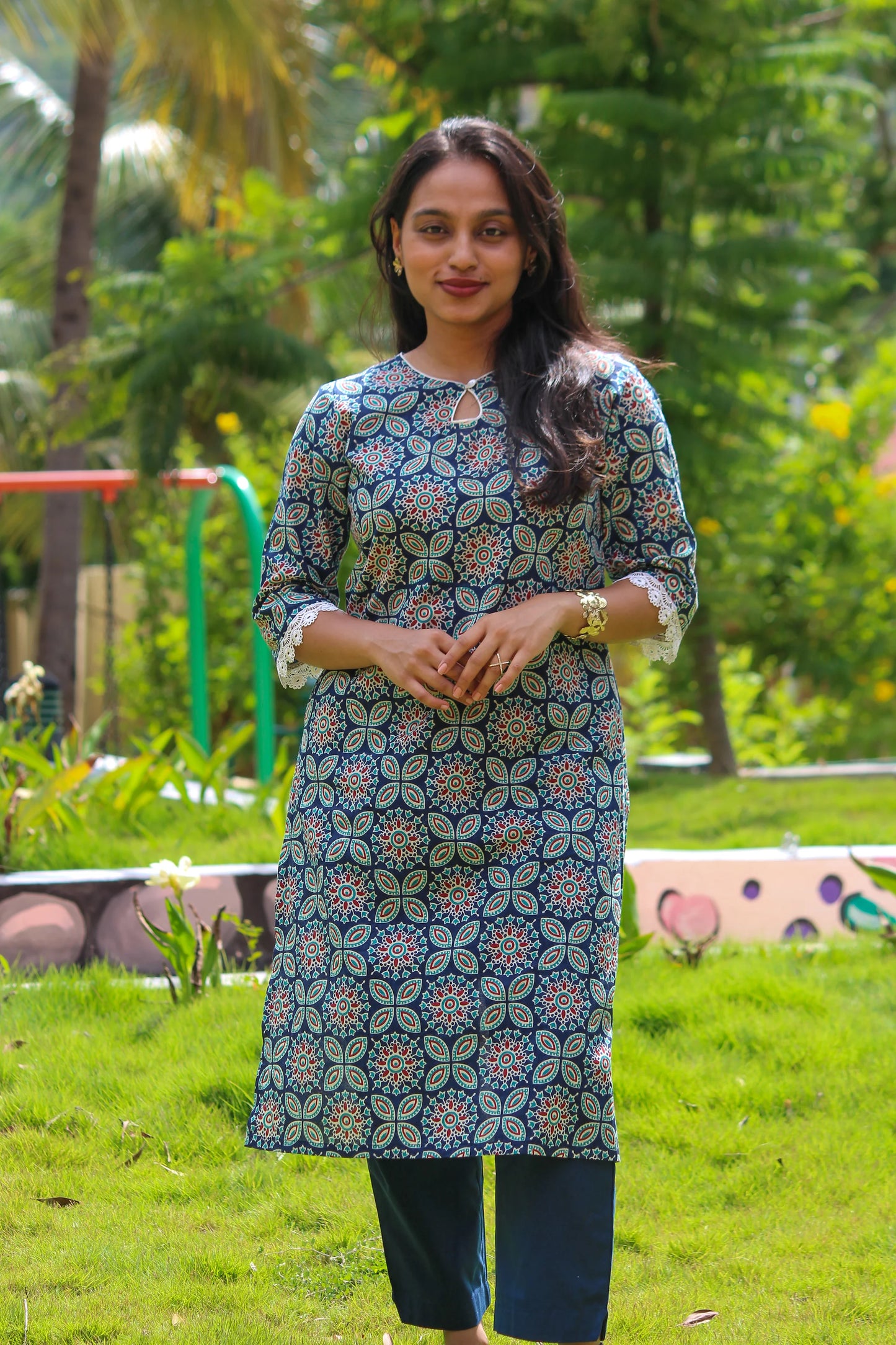 Bimba Studio Nakshatra breathable cotton co-ord set featuring a geometric handblock print and V-neck kurta.