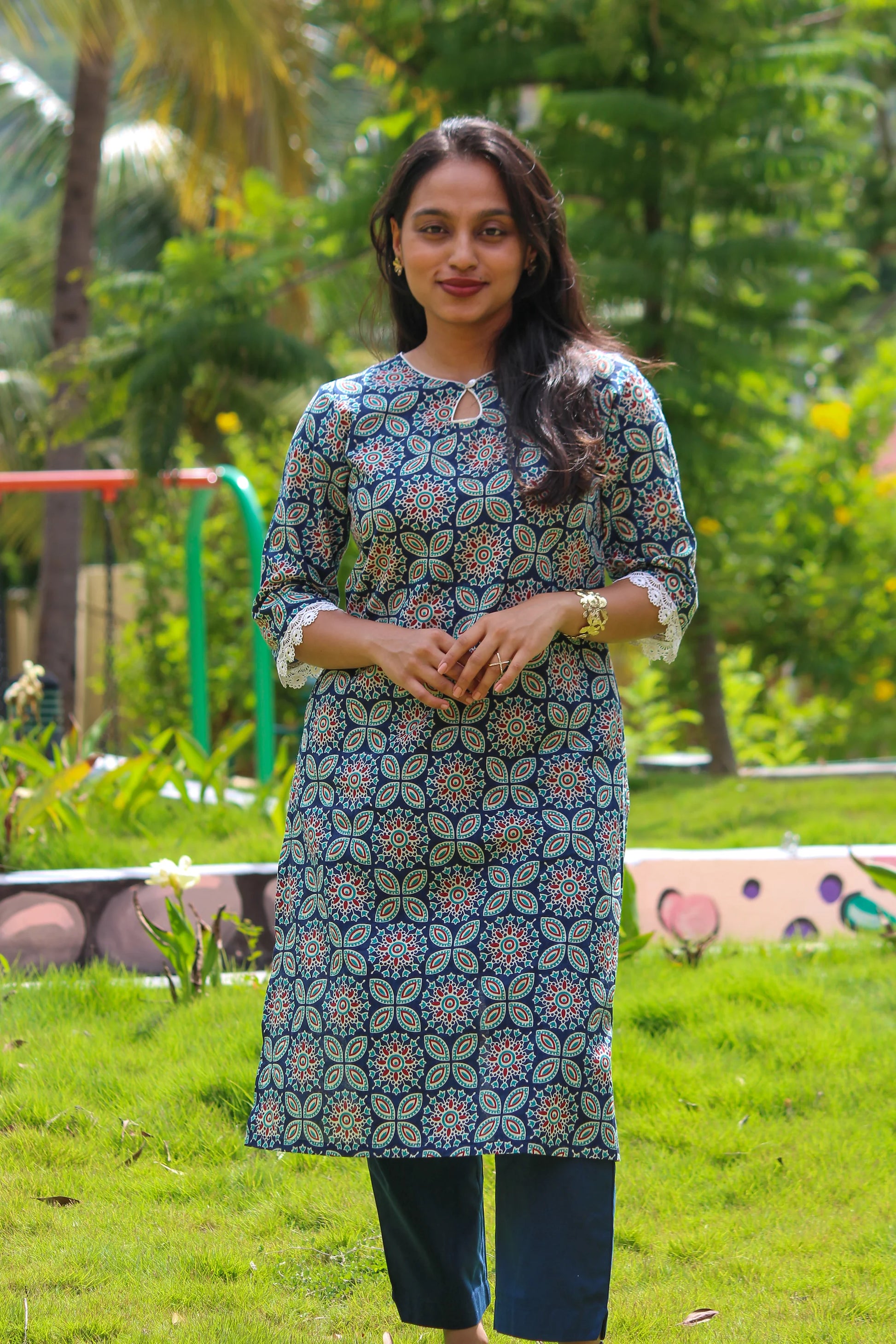 Bimba Studio Nakshatra breathable cotton co-ord set featuring a geometric handblock print and V-neck kurta.