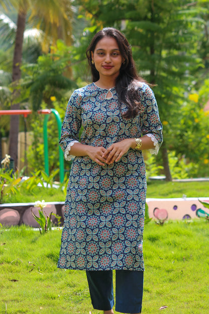 Bimba Studio Nakshatra breathable cotton co-ord set featuring a geometric handblock print and V-neck kurta.