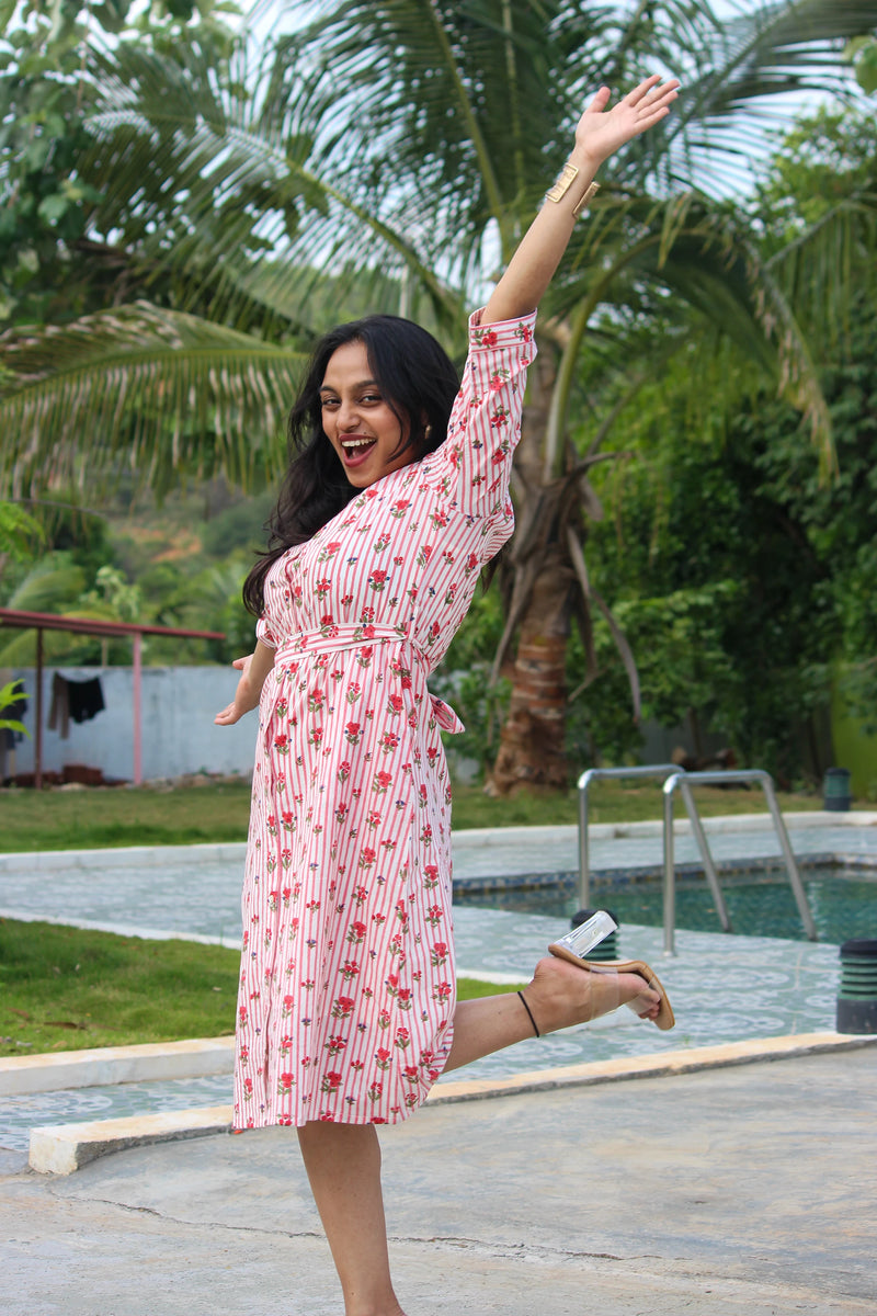 Rosé Handblock Printed Cotton Shirt Dress