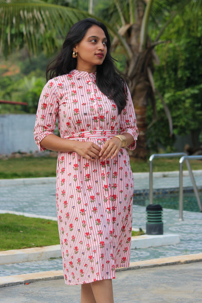 Floral handblock printed cotton shirt dress for women with an adjustable waist tie and functional pockets