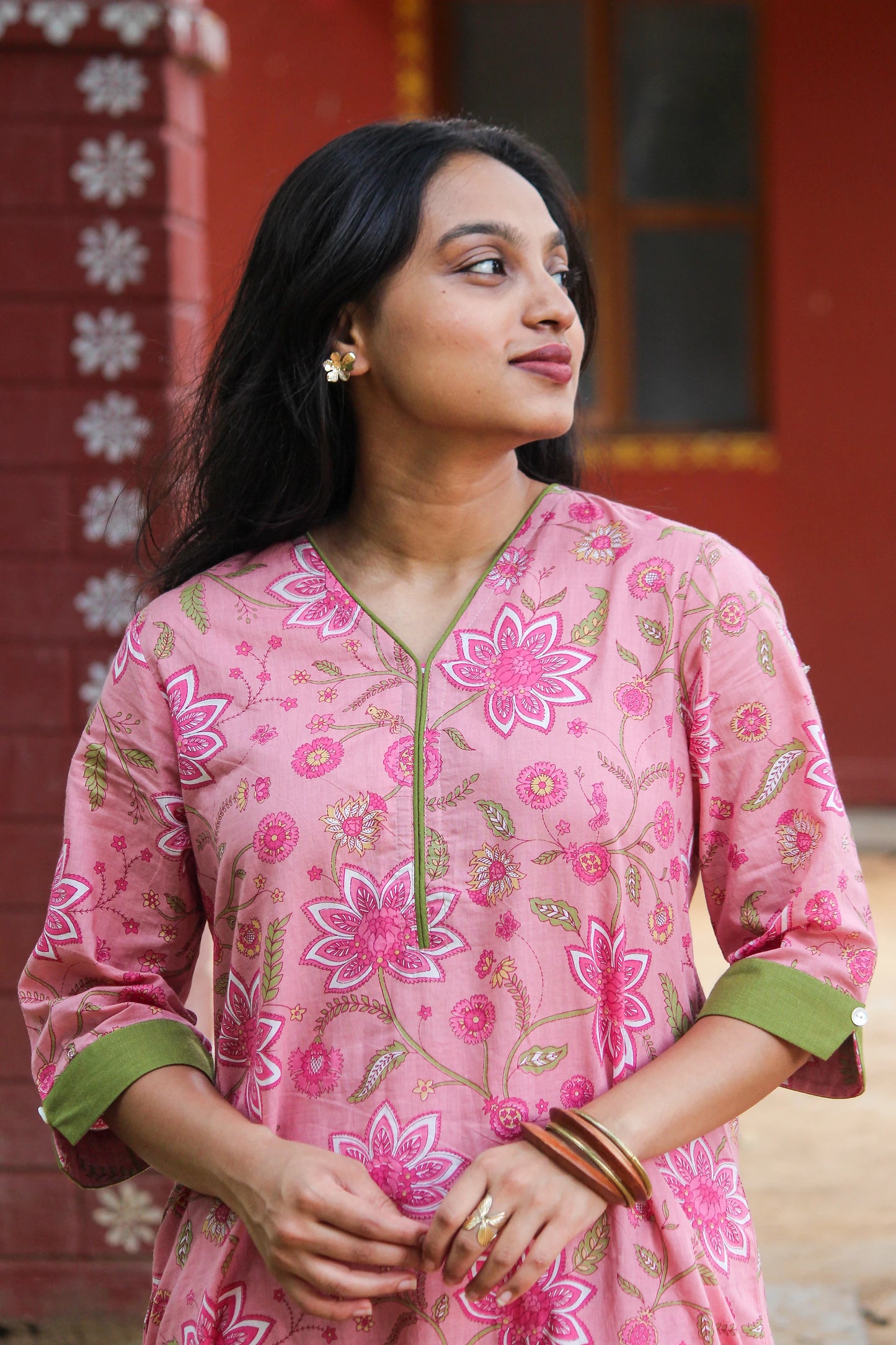Bimba Studio Tavare breathable cotton co-ord set featuring a floral handblock print and V-neck kurta