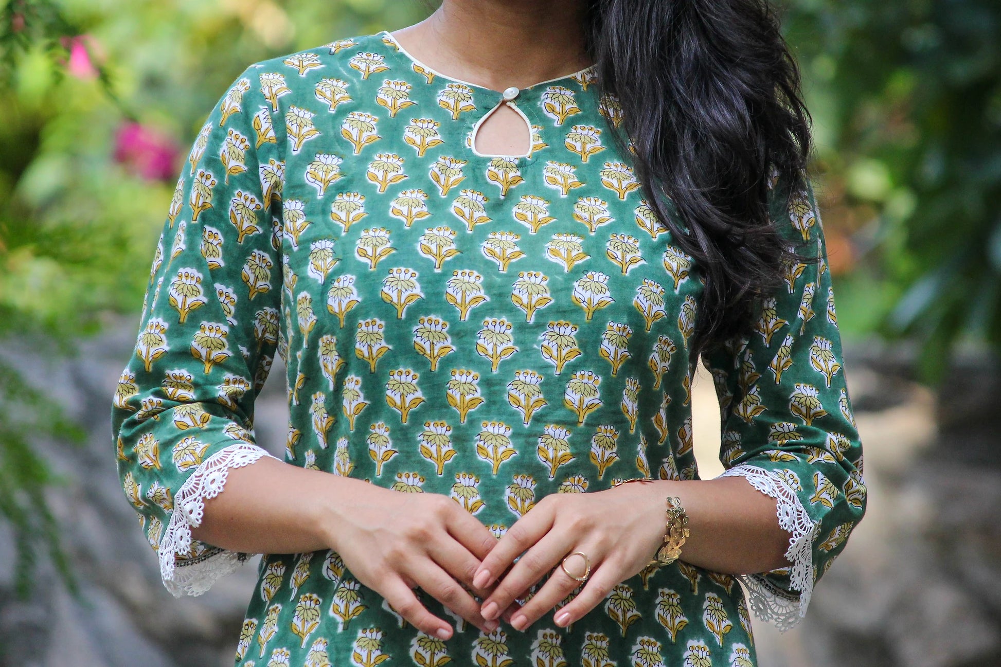 Bimba Studio Veni breathable cotton straight kurta featuring a floral handblock print and functional pocket