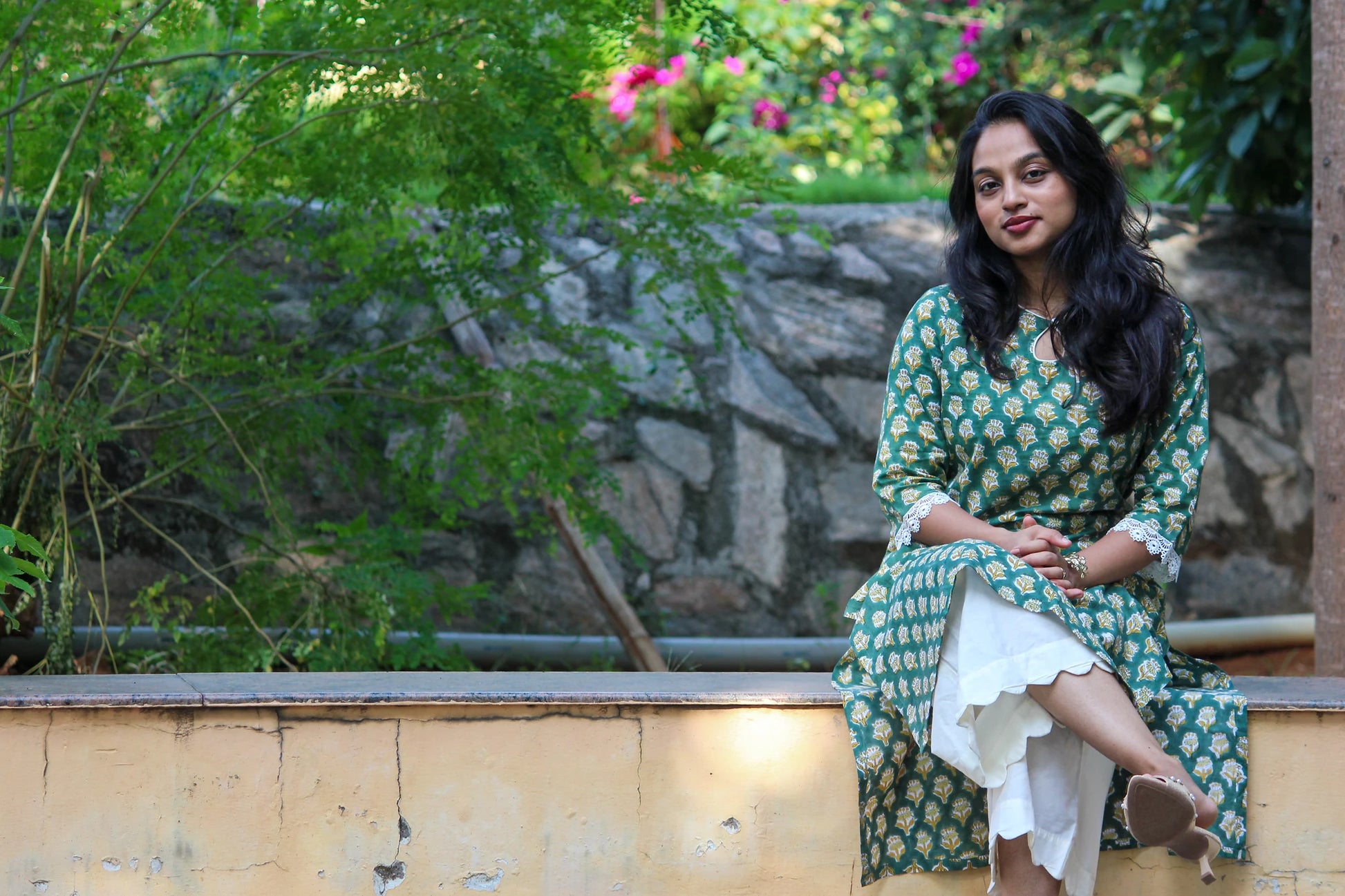 Bimba Studio Veni breathable cotton straight kurta featuring a floral handblock print and functional pocket