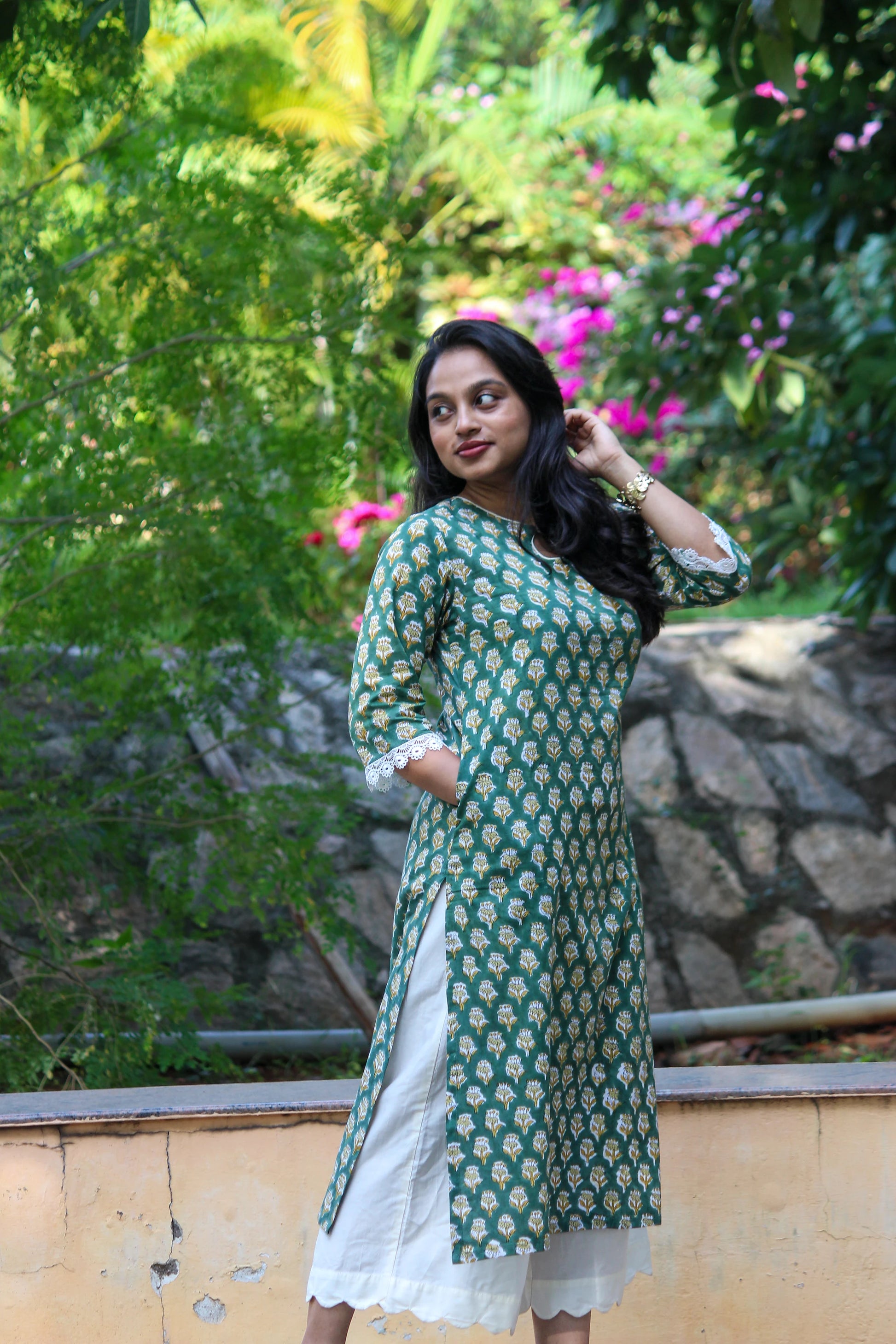 Floral handblock printed cotton straight kurta for women with a round neckline and comfortable everyday fit